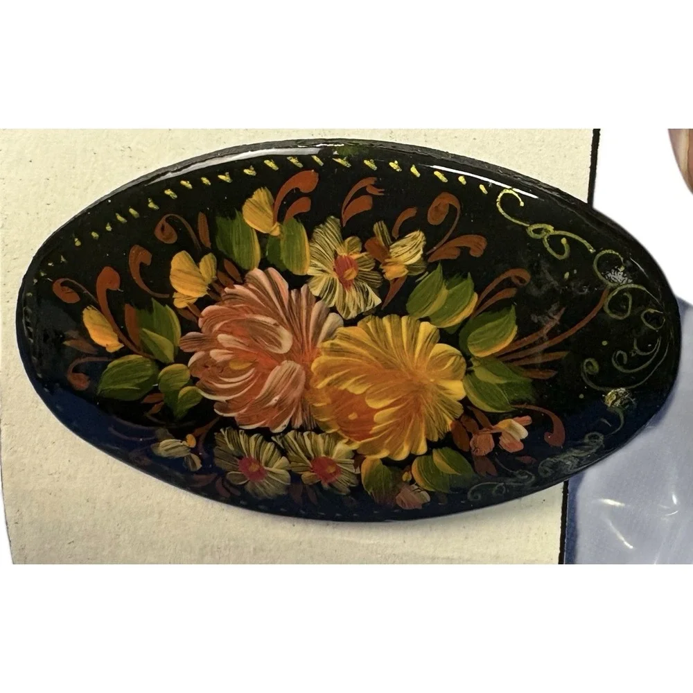 Russian Lacquer Brooch Hand Painted Floral Oval Palekh Style Box Card Gift NWT